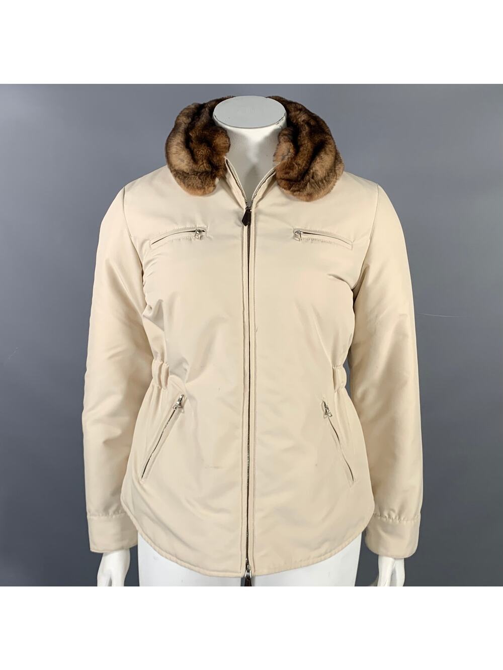AGNONA Size 10 Cream Polyester Removable Fur Collar Zip Up Jacket